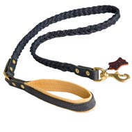 Braided Handcrafted Leather Black Russian Terrier Leash with Nappa Leather Lined Handle
