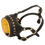 Open Nose Studded Leather Black Russian Terrier Muzzle With Nappa Padding
