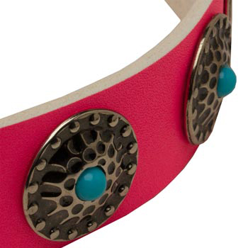 Pink Black Russian Terrier Collar Leather with Blue Stones