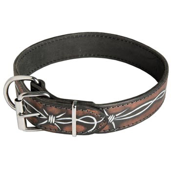 Black Russian Terrier Collar Leather Handmade Painted in Barbed Wire for Walking Dog
