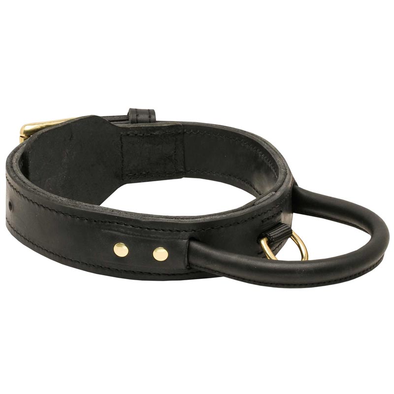 Extra Durable Leather Black Russian Terrier Collar with Handle for Attack Training