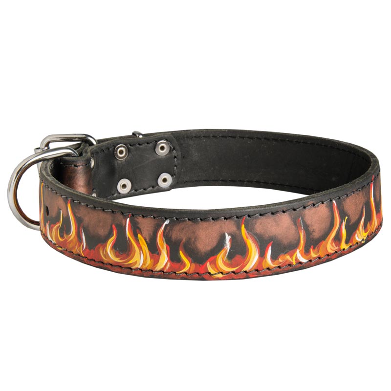 Handpainted Leather Black Russian Terrier Collar with Red Flames
