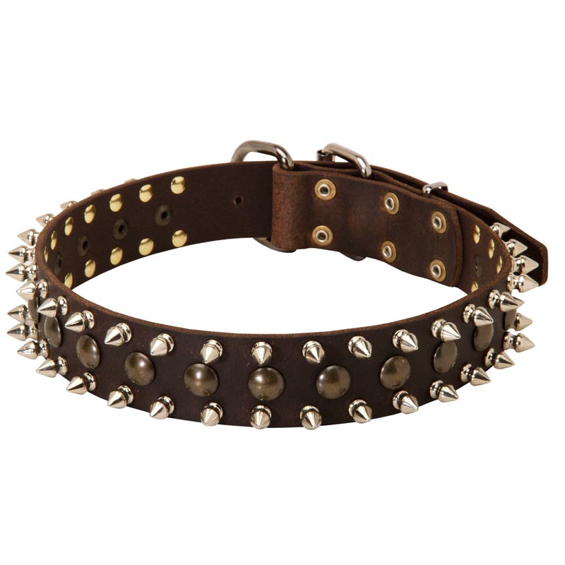 3 Rows Leather Spiked and Studded Black Russian Terrier Collar