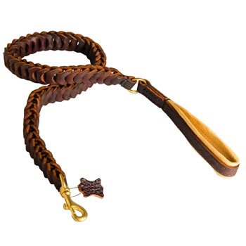 Braided Leather Black Russian Terrier Leash with Padding on Handle