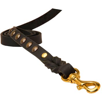 Leather Dog Leash Studded Equipped with Strong Brass Snap Hook for Black Russian Terrier